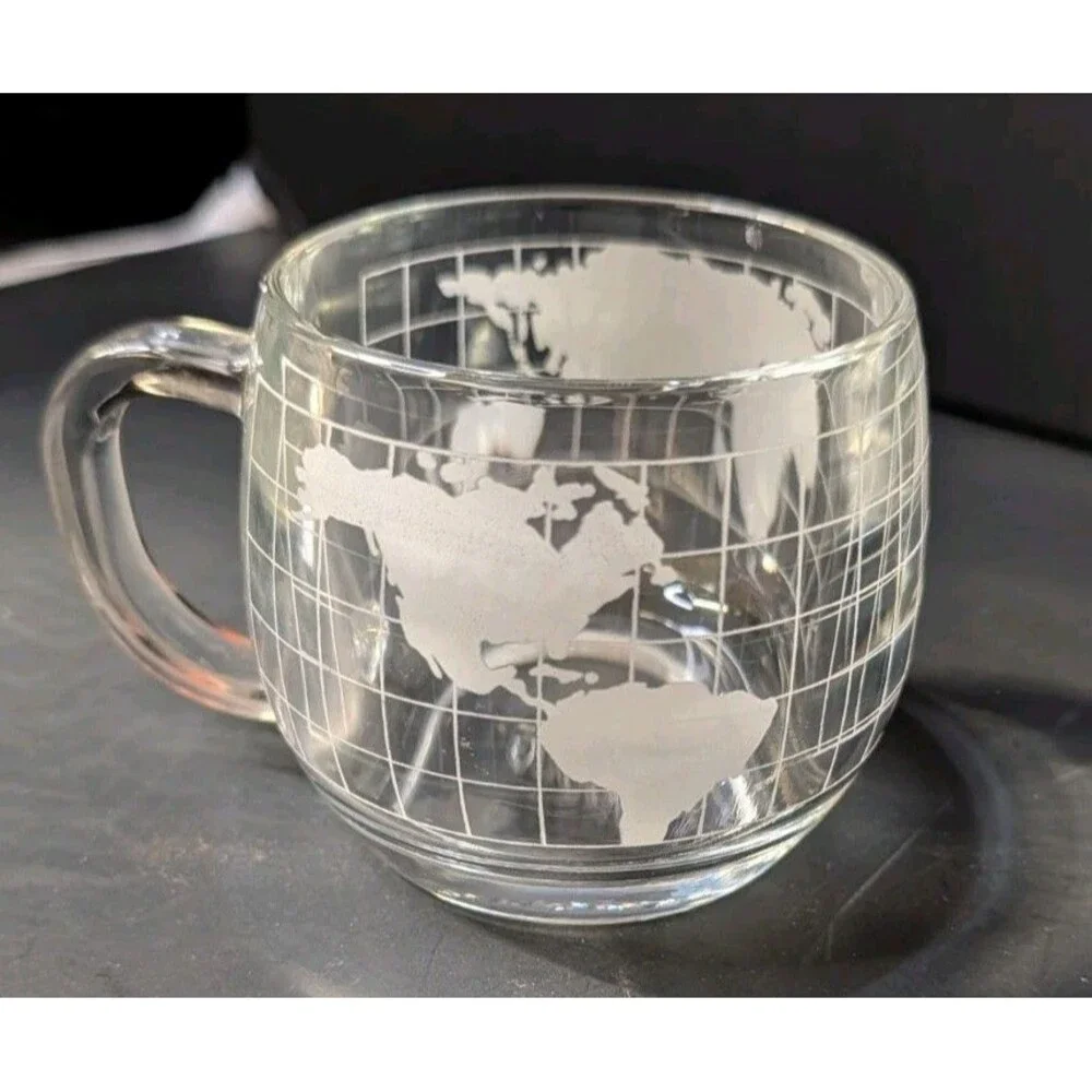 Vintage Nestle Clear Glass World Globe Coffee Mug Cup Etched Map 3
